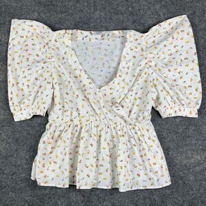 Simply Be Floral Puff Sleeve Blouse Women's Size 14 White V-Neck Peplum